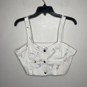 PARKER Womens Ivory Floral Denim Bustier Snap-Front Crop Top EUC Ivan Sz Large L